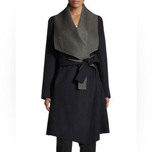Diane Von Furstenberg Jenna Belted Navy Blue Gray Reversible Wool A-Line Coat L